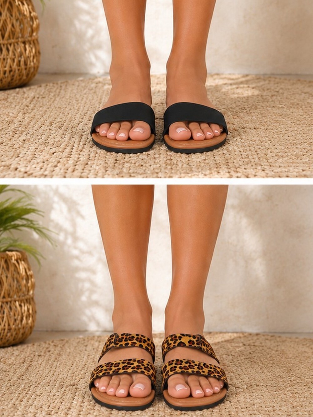 Charles Albert Bundle 2 Pairs of Women's Slide Sandals in Black and Leopard